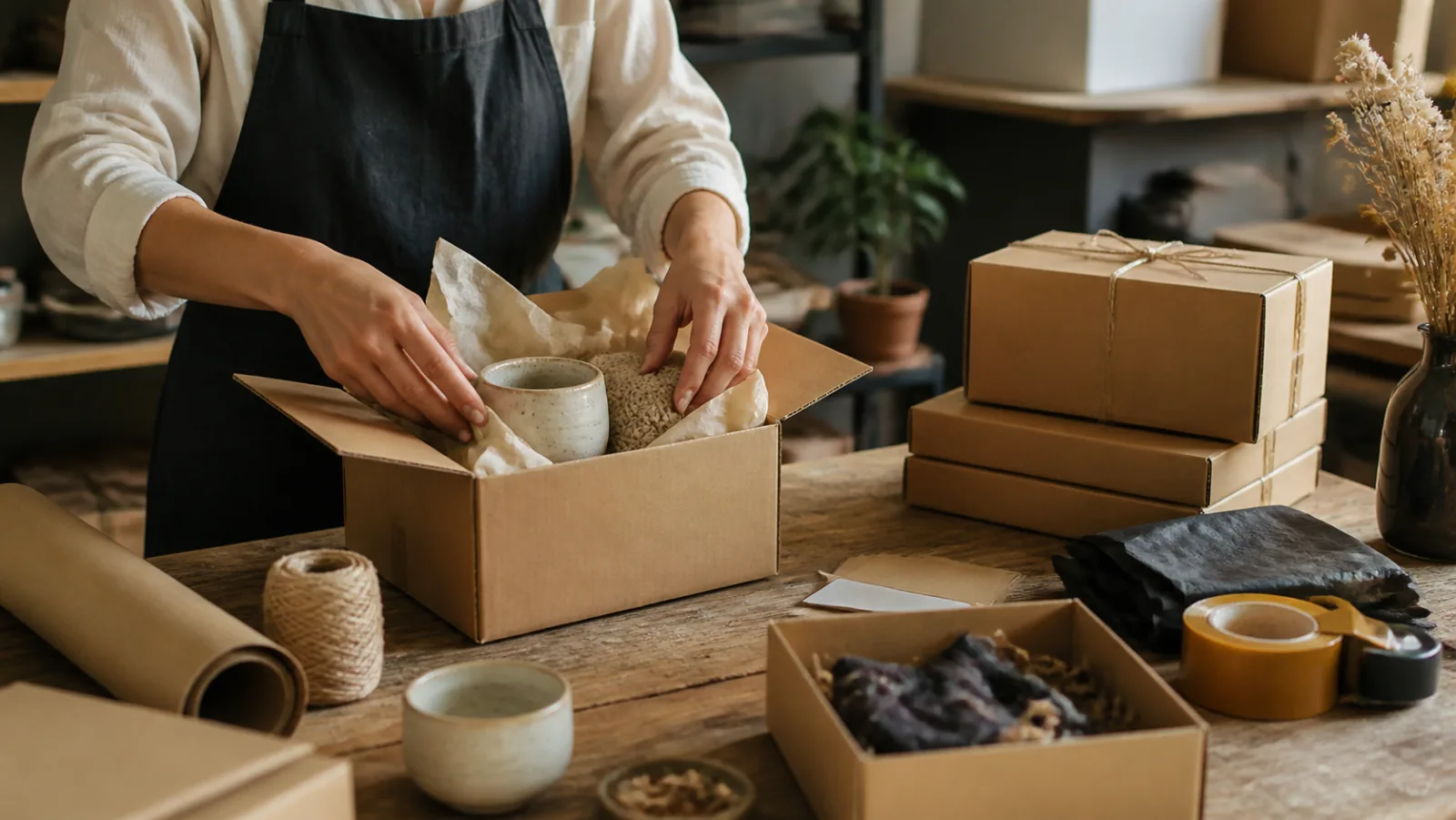 An independent seller packing products for shipping
