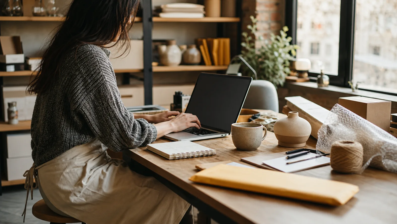 A creator drafting a post at a desk in warm afternoon light